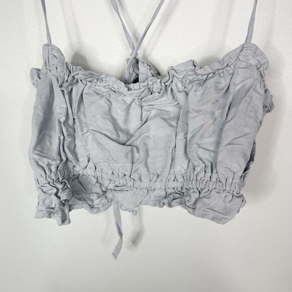 H&M Womens Small Light Blue Grey Camisole Crop Top Tank Ruffled Open Back Woven - Picture 2 of 8